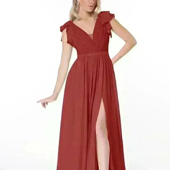 Azazie Suneeta -A-Line Pleated Chiffon Floor-Length Dress Color: Rust - Size- A4 - Picture 1 of 7